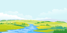Nature Landscape Of Hills And Meadows With Fast River In The Valley, Travel Concept Illustration, Fields Background In Summer Day With Green Grass And Flovers Near River