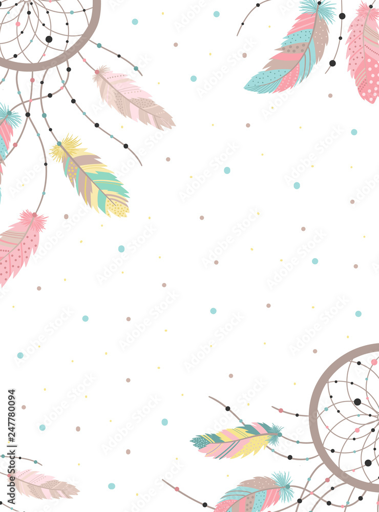 Foto-Schiebegardine Komplettsystem - Vector image of a dreamcatcher in boho style bright feathers and dots. Hand-drawn illustration by national American motifs for baby, cards, flyers, posters, prints, holiday, children, decor, home