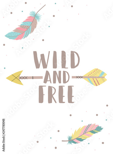 Foto-Schiebegardine Komplettsystem - Vector image of an arrow in boho style with feathers and beads. Inscription Wild and Free. Hand-drawn illustration by national American motifs for baby, cards, flyers, posters, prints, holiday, child (von Anton)