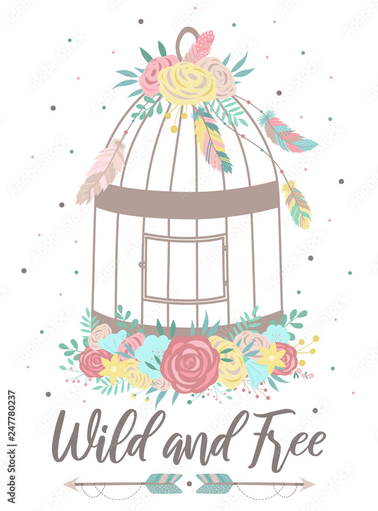 Foto-Schiebegardine mit Schienensystem - Vector image of a bird cage in boho style decorated with flowers, feathers and arrows. Hand-drawn illustration based on national American motifs for children, cards, flyers, posters, prints, holiday