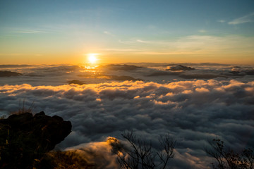 sunrise and sea of fog view on phu chi fa mountain area and national forest park in chiang rai, Thailand.