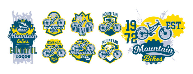 Wall Mural - Mountain bike emblem set. Sport bike logo. Sport bicycle, downhill, mtb, bmx, race, extreme. Colorful collection, vector illustration