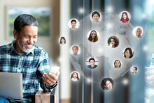 Social Media Network,  Global Network Connection And People Connecting All Over The World Map. Smiling Happy Mature Man Using Smartphone Serving Internet Connect Other Person And Play Social Media App