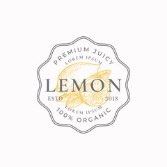 Wall Mural - lemon badge or logo template. hand drawn lemons with leaves sketch with retro typography and borders