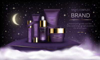 Night cosmetic series for face skin care, realistic vector. Purple jar of cream and serum, plastic tube with eye gel. Cosmetics standing on white fluffy cloud on purple background with shining stars