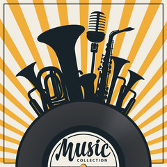 Wall Mural - Vector music poster in retro style with vinyl record, wind instruments, saxophone, microphone and inscription on the background with rays. Music collection