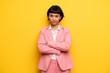 Modern woman with pink business suit frustrated by a bad situation