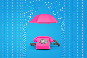 Wall Mural - 3d rendering of pink umbrella on top of pink retro telephone with drawn rain lines on blue backgroun
