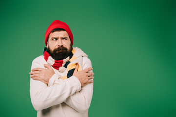 Wall Mural - handsome man in hat and scarf having cold isolated on green