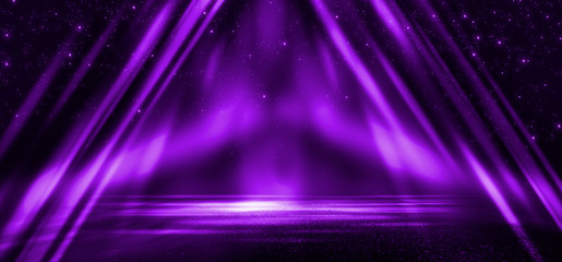 Wall Mural - empty stage background in purple color, spotlights, neon rays. abstract background of neon lines and