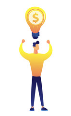 Poster - Businessman with hands up and big idea lightbulb and dollar sign vector illustration