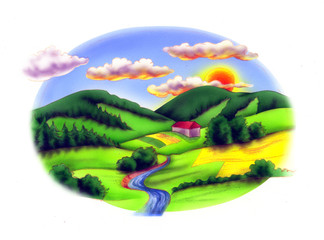 landscape with a hill, a forest, a river and a cottage, at sunset