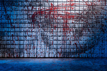 Fototapeta cold and dark background from the scene of the murder. dirty marble tile blurred by splashes of red blood. room with a bloody wall