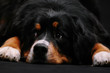 Bernese Mountain Dog lying on the floor looking sad on black background. dog waiting for his owner