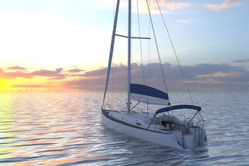 Sailing yacht on sea and sunset 3d illustration