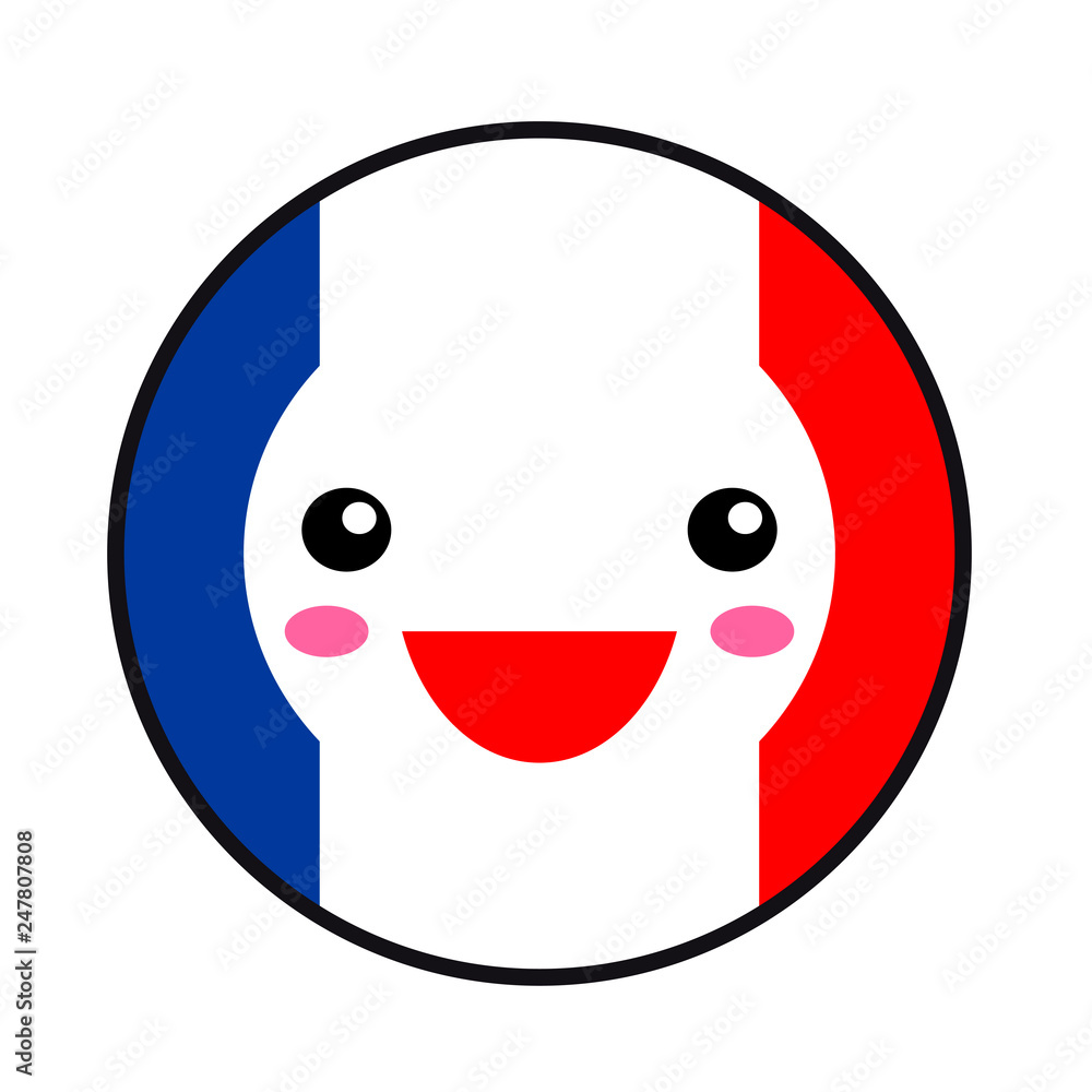 Kawaii French flag smile. Flat style. Cute cartoon isolated fun design