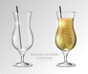 Wall Mural - Realistic cocktail tequila sunrise vector illustration on transparent background. Full and empty glass