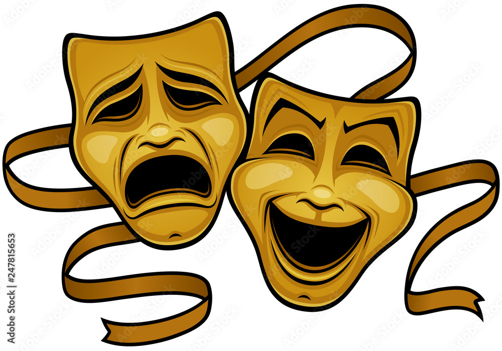 Gold Comedy And Tragedy Theater Masks - obrazy, fototapety, plakaty 