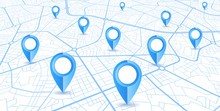 Blue GPS Navigator Pins On A Blue Roads Map On White Background