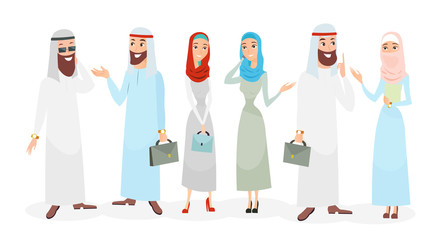 Wall Mural - Vector illustration set of Arab muslim businessman and businesswoman talking. Muslim people teamwork. Arabic characters in traditional clothes in cartoon flat style.