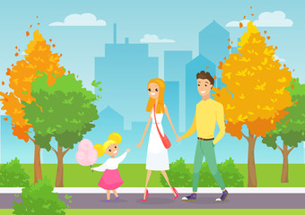 Wall Mural - Vector illustration of young family walking with kid in the city park. Happy and smiling parents with daughter cartoon characters in the park with cityscape background in flat style.