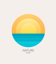 Nature Logo, Emblem Or Sticker. Simple Landscape With Sun And Sea.Concept For Summer, Holidays, Travelling.Template Label For Tour Agencies Advertise. Vector Illustration Of Sunset Or Sunrise.