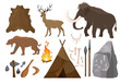 Vector illustration of big set of elements of stone age attributes. Primitive ice age elements. Stone age. Hunting tools, mammoth, wigwam and animals bones and skin for anicent time concept in flat