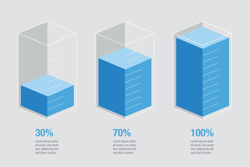 Wall Mural - blue liquid histogram glass bars display. flat design inforchart infographic template with text 30% 