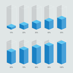 Wall Mural - blue slim isometric chart bars, liquid histogram glass template, 10% - 100%. flat design infocharts 