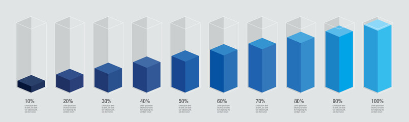 Wall Mural - blue slim isometric chart bars, liquid histogram glass template, 10% - 100%. flat design infocharts 