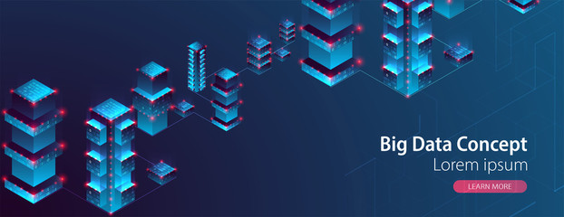Isometric big data concept, database. Abstract technology background. Vector illustration