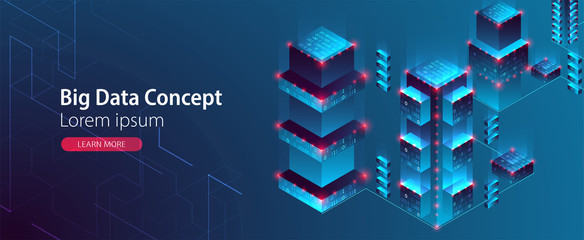 Isometric big data concept, database. Abstract technology background. Vector illustration