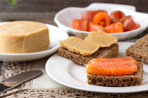 Traditional Norwegian Breakfast Sandwiches With Brown Cheese Brunost Sandwiches With Cucumber And Trout Stock Photo Adobe Stock