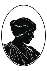 Profile of an ancient greek woman in a tunic. Vector oval medallion isolated on white background.