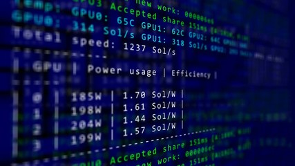 Mining cryptocurrency process program on display PC  using code software accepted sharing virtual data
