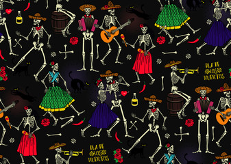 Wall Mural - Seamless pattern with skeletons. Day of the Dead (Dia de los Muertos).