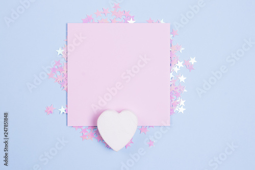 White Wooden Heart And Pastel Pink Blank Card Mockup On Pastel