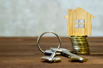 The house symbol is made of bamboo on a stack of yellow shiny coins with two metal key. Copy space.