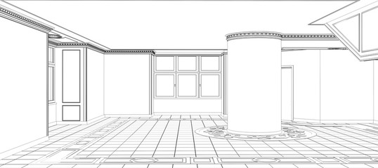 interior contour visualization, 3D illustration, sketch, outline