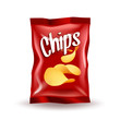 Realistic mockup package of red chips package with label isolated on white background