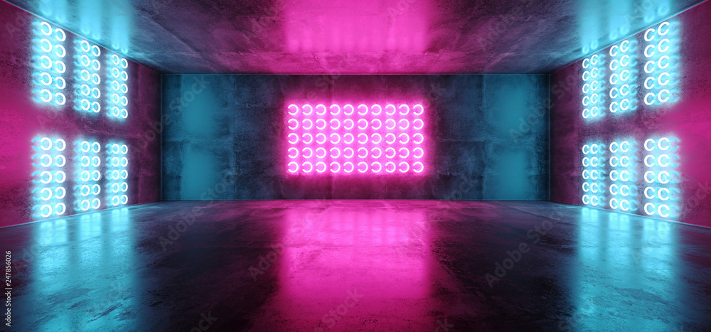 Sci Fi Futuristic Neon Led Laser Glowing Modern Empty Dark Vibrant Blue Purple Pink Glowing Stage Podium Lights On Reflective Grunge Concrete Tunnel Club Room 3D Rendering - obrazy, fototapety, plakaty 