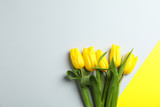Fototapeta Tulipany - Beautiful tulips for Mother's Day on light background, top view