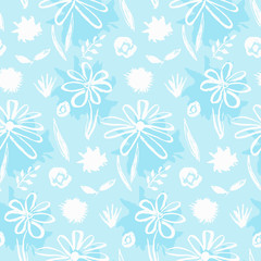  Tender blue and white seamless pattern with hand drawn inky flowers and leaves. Bright turquoise chinese ink floral elements texture for textile, wrapping paper, cover, surface, wallpaper