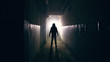 Silhouette of man in dark creepy and spooky corridor