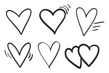 Hand Drawn Grunge Hearts On Isolated White Background. Set Of Love Signs. Unique Image For Design. Black And White Illustration. Elements For Design