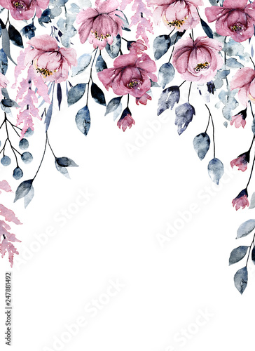 Greeting card frame border with watercolor pink flowers, botanical hand paint...