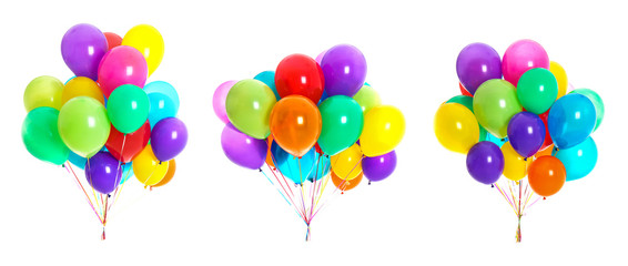 set of bunches with colorful air balloons on white background