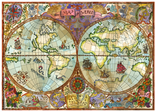 Obraz stara mapa  wektorowa-mapa-atlasu-swiata-na-starym-papierze-z-kontynentami-ziemiami-starymi-statkami-przygody-piratow-skarb