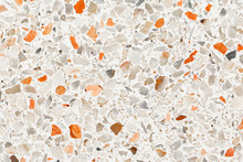 Terrazzo Flooring Which Has Orange Rock Small Or Marble Old. Polished Stone Wall Beautiful Texture For Background With Copy Space Add Text