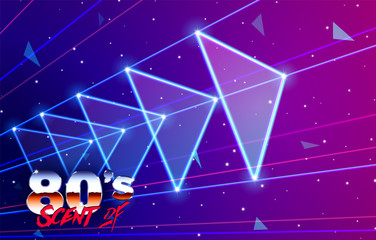 Wall Mural - neon 80s styled triangles flying in space with laser rays
